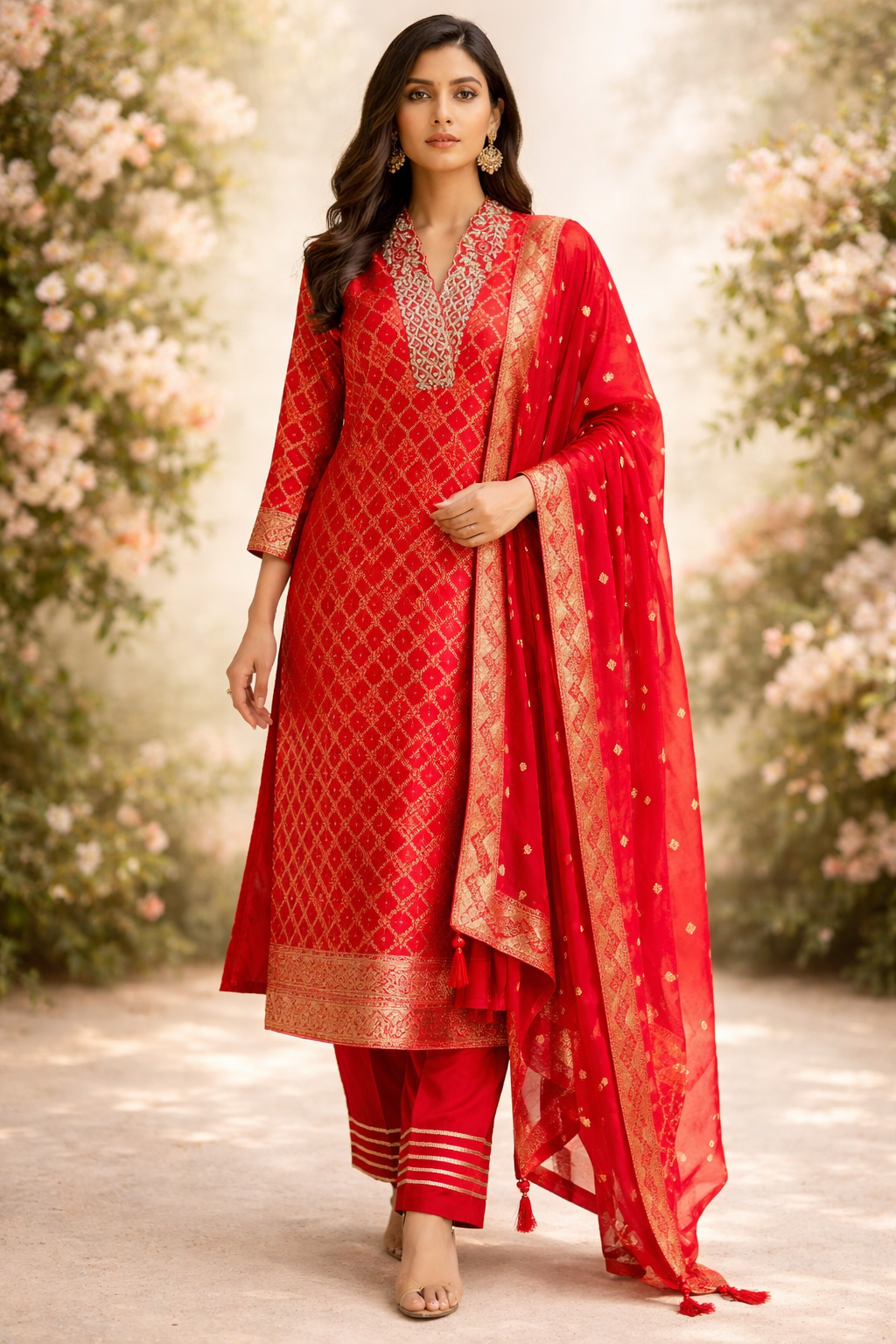 Red Silk Embroidered Kurta Set with Pants & Dupatta